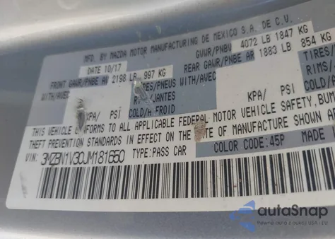 2018 Mazda Mazda3 Touring z USA, uszkodzony, nr VIN 3MZBN1V30JM181650